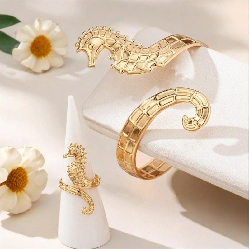 Verstellbares goldenes Seepferdchen-Armband und offener Fingerring, wasserdicht, stilvoller Damenschmuck, trendige Party-Accessoires