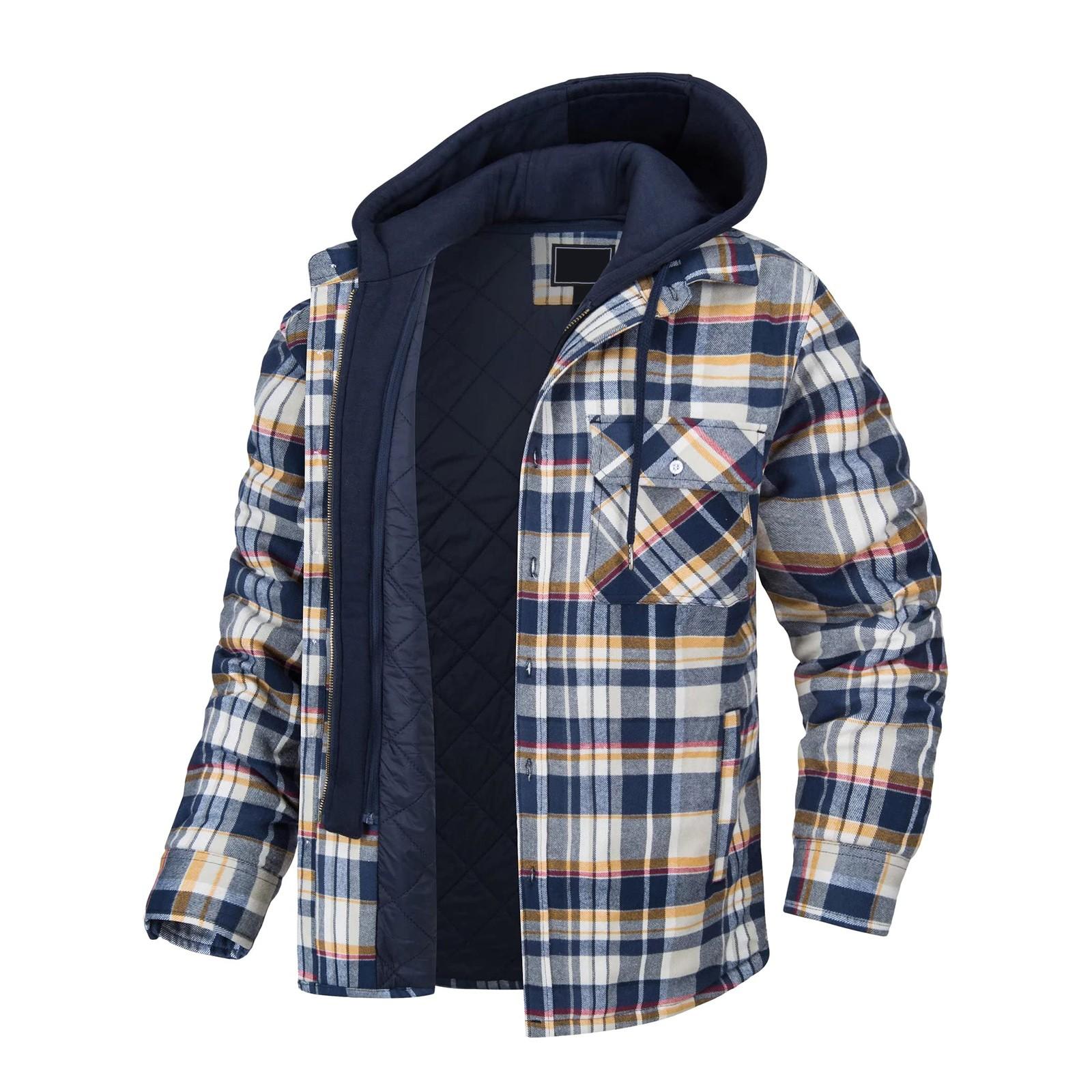 Men s Autumn/Winter Long Sleeve Lapel Plaid Hooded Thickened Shirt Jacket L