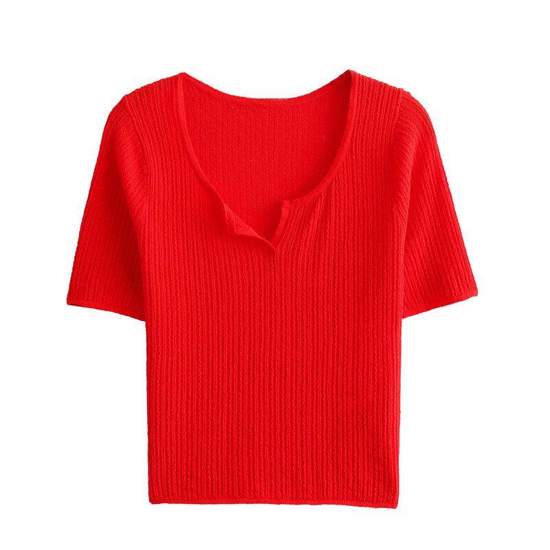 Fashion Style 2024 Spring New Arrival Women's Clothing Slim-Fitting, Fashion and All-Matching Pure Color Open Collar Short Sleeve Knitwear 466362