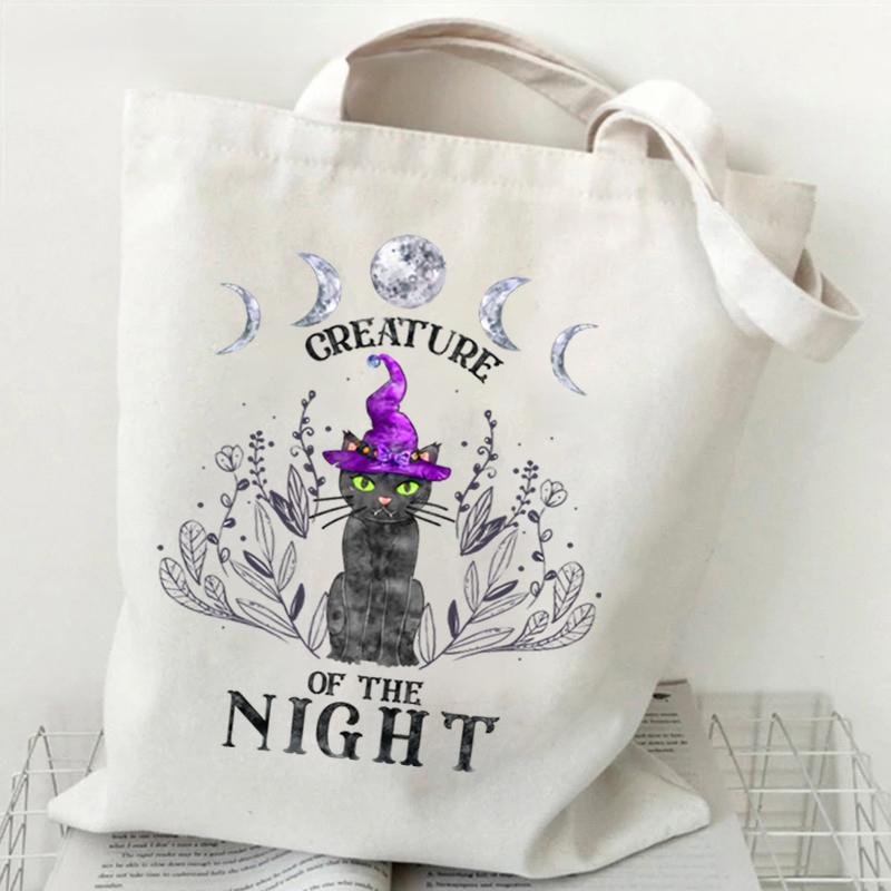 Cat Tote Bag Gothic Black Cat Shopper Halloween Party Gift Shopping Bag Spooky Seasonal Fun Animal Women's Tote Bag