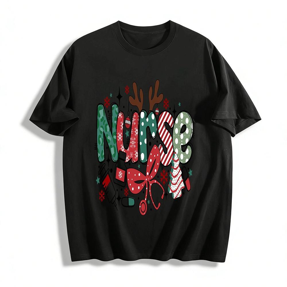 

Christmas Nurse Print Casual Top Festive Medical Staff T-Shirt Pure cotton T-shirt XXS