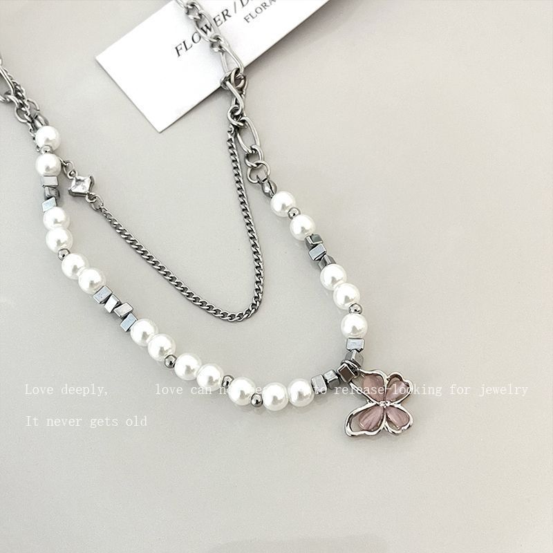 Opal Hollow Butterfly Double Layer Pearl Necklace Women's Niche Premium Sense Versatile Clavicle Chain Sweet Cool Spice Girl Accessories