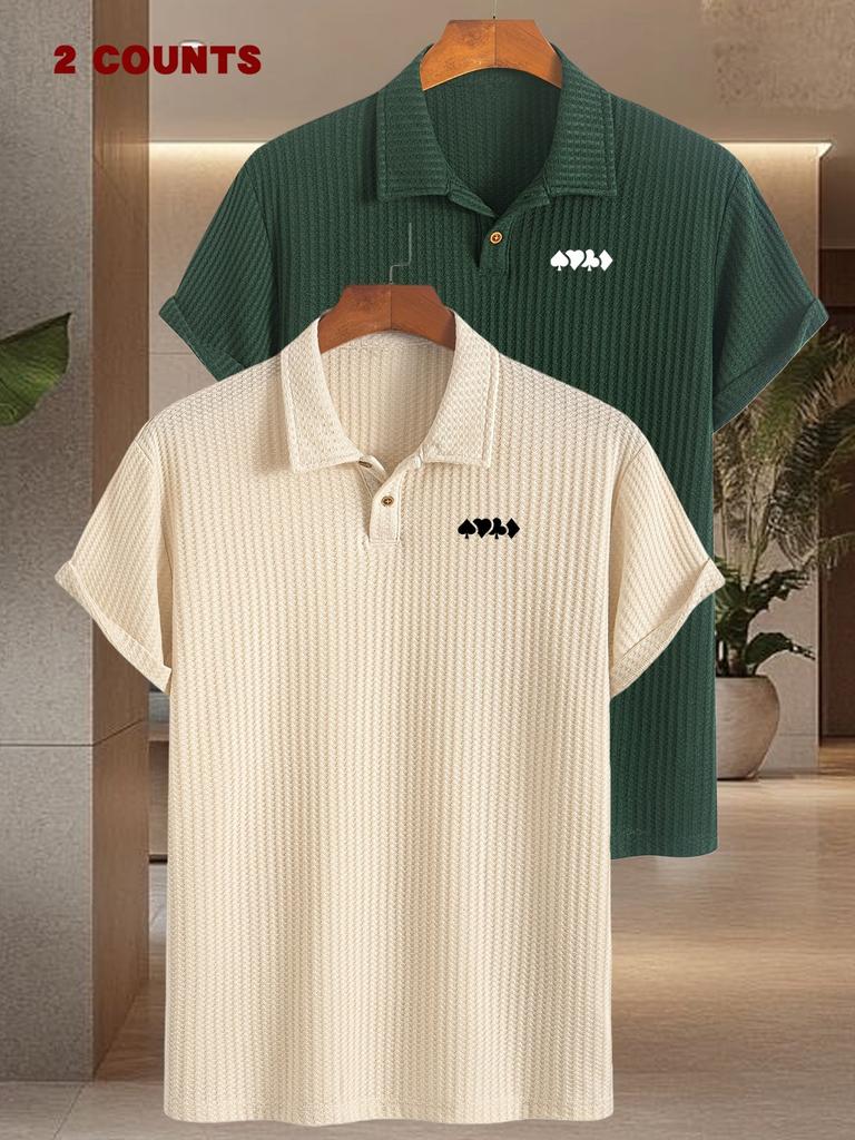 2pcs Print Pattern Men's Golf Polo, Short Sleeve Work T Shirts for Men Casual Comfortable Soft Knit Lapel Collar, Ideal for Daily Business Wear