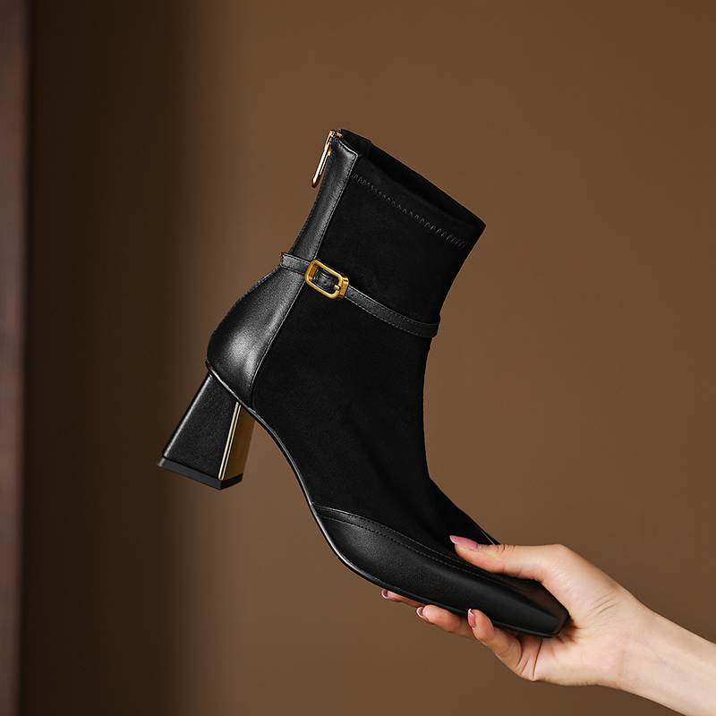 Krazing Pot Flock Cow Skin Square Toe Thick Heels Chelsea Boots Size 42 Beauty Lady Women Modern Fashion Girl Ankle Boots