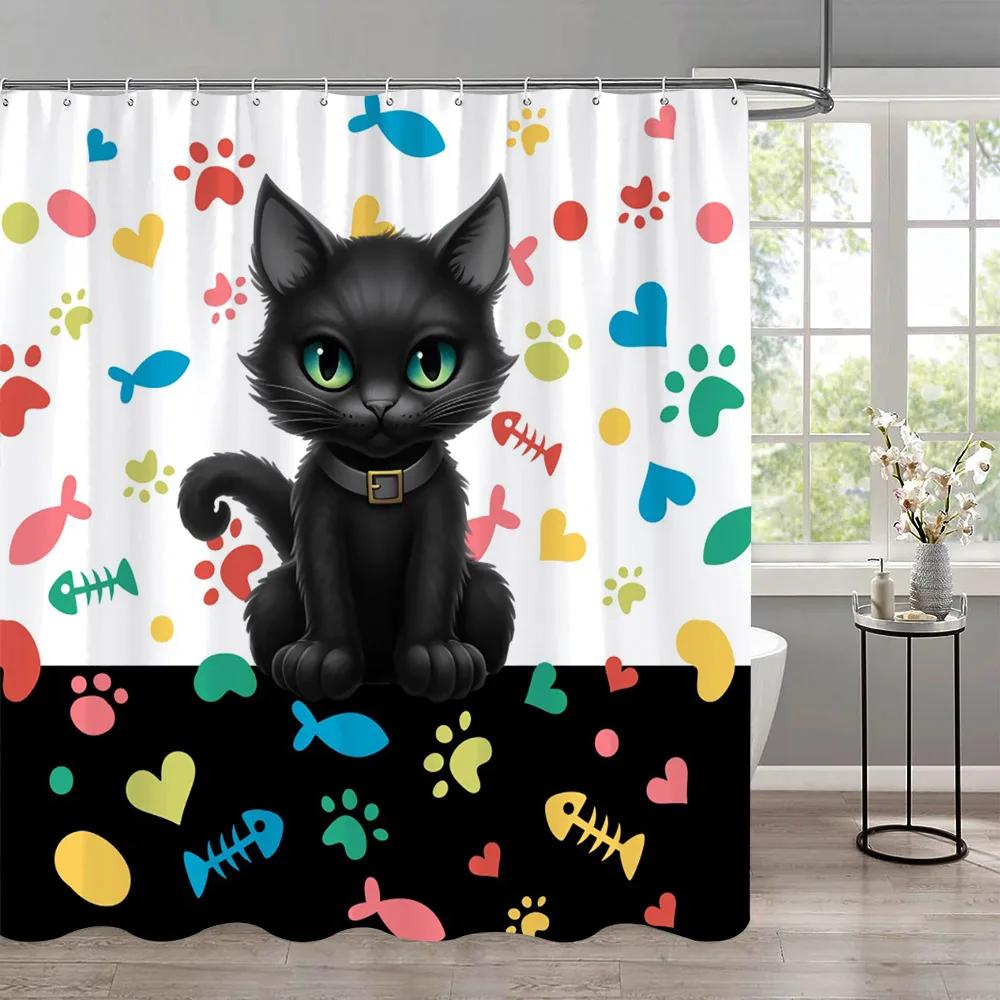 Funny Cat Children'S Shower Curtain Colourful Cartoon Patterns Children'S Room Curtains Bathroom Decor Accessories With Hooks