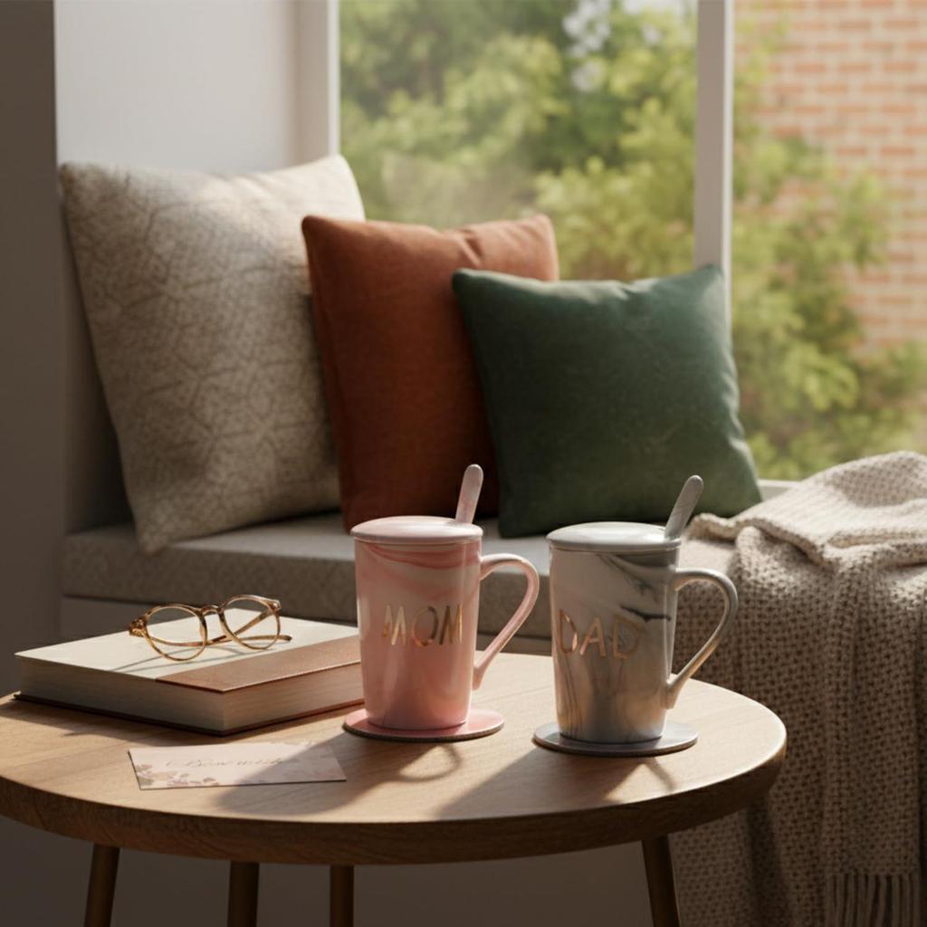 Cană de cafea, Cadouri de căsătorie pentru nuntă, Cadou pentru cuplu, Cadouri de Crăciun, Set de 2 căni de cafea pentru Mamă și Tată, Capace, Lingurițe ceramice, Coșuri