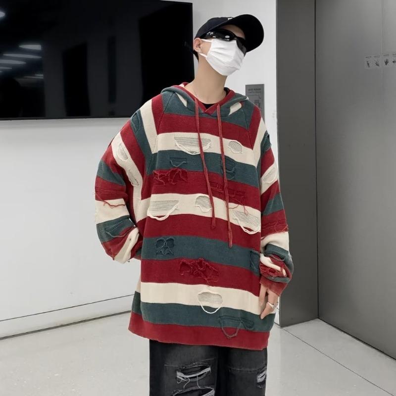 Autumn new trend handsome pullover sweater hooded sweatshirt men's American retro design hole striped sweater