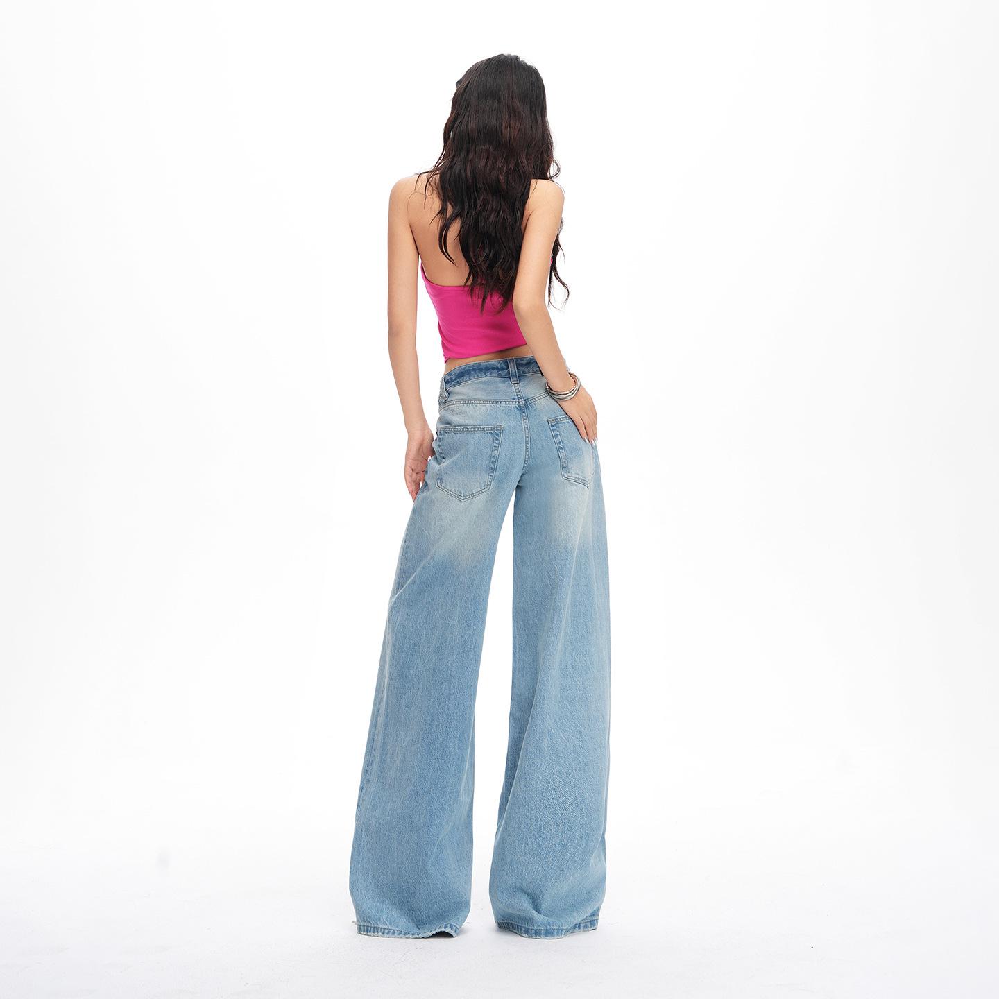 Women s American Retro Light Wash Mid-Rise Ripped Wide Leg Floor-Length Jeans Large