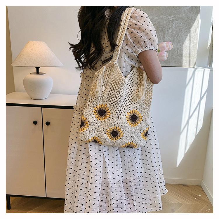 Summer new sunflower knitted tote bag seaside beach bag large capacity cotton thread woven bag