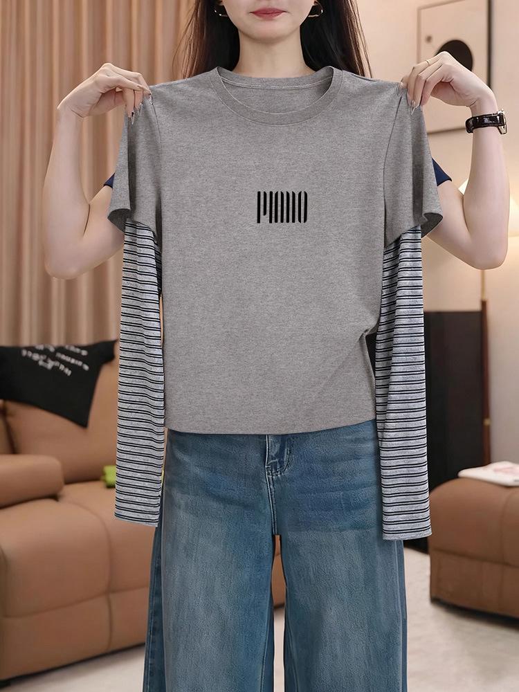 Design-Sense Women's Faux Two-Piece Striped Long Sleeve Round Neck Top - Versatile Black T-Shirt for Spring, Autumn, Winter