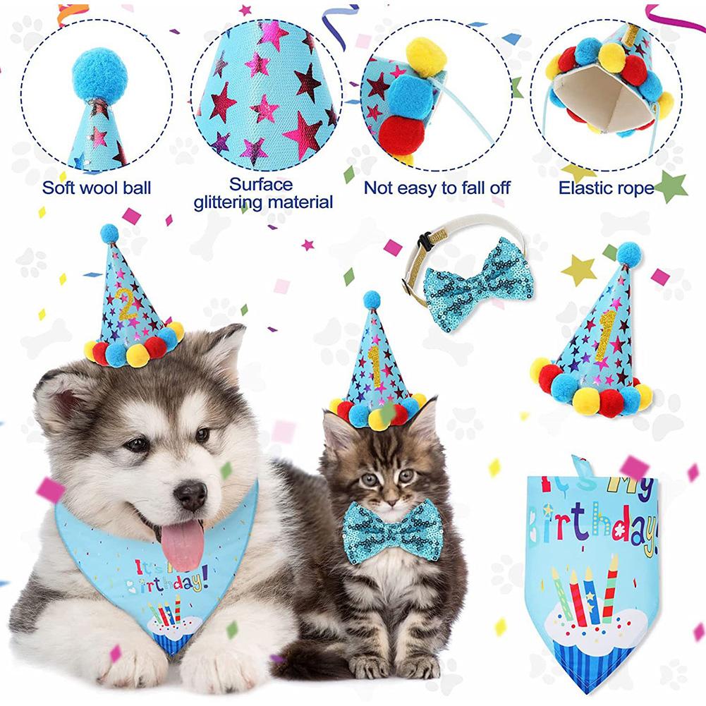 Dog Birthday Hat with Numbers Birthday Hat Bow Tie Bandana Pet Birthday Party Set for Large Medium Small Dog Puppy