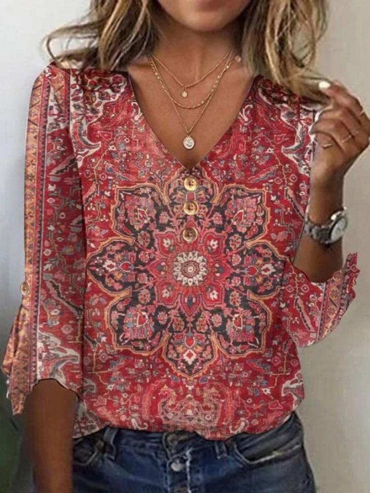 

Women s V-Neck Floral Print Blouse 3/4 Sleeve Button Front Casual Tops in Red, Blue, Green, Beige S красный
