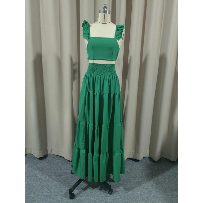Women's 2 Piece Outfit Set Sexy Solid Color Ruffle Sleeve Crop Top High Waist Tiered Flowy Maxi Skirt Elegant Vacation Beach Wear Suit