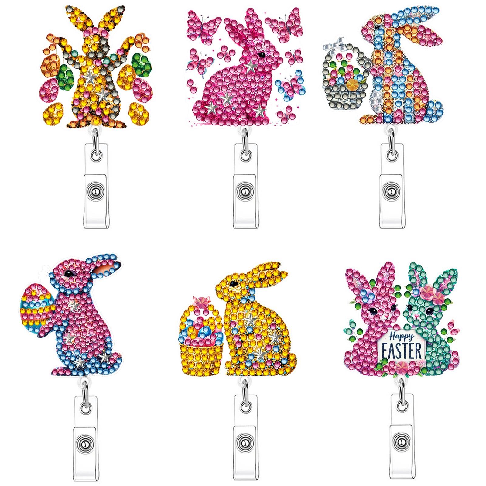 

6Pcs DIY Diamond Painting ID Holder with Clip Decorative Work Badge Holder Retractable for Work Badge Teacher Student & Office