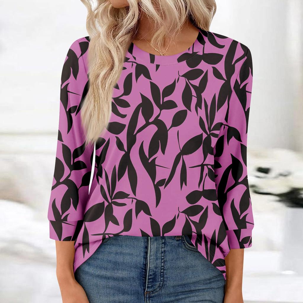 Damenmode, lässig, Rundhalsausschnitt, 3/4-Ärmel, lockeres bedrucktes T-Shirt, Damen-Top