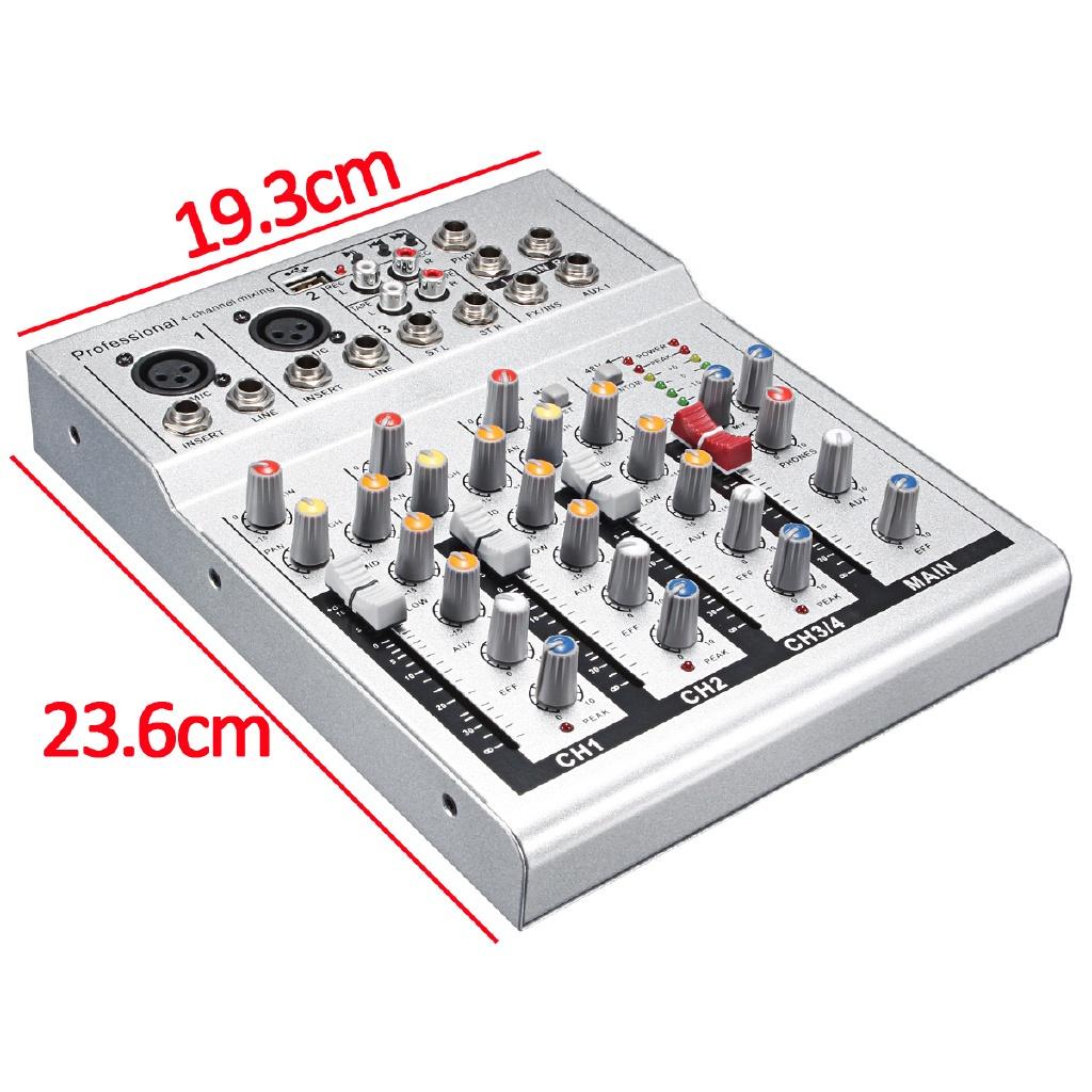 4 Channel Mixer Mini Professional Live Studio Audio Mixer USB Mixing Console DJ Stage KTV black/silver 48V 23.6*19.3cm