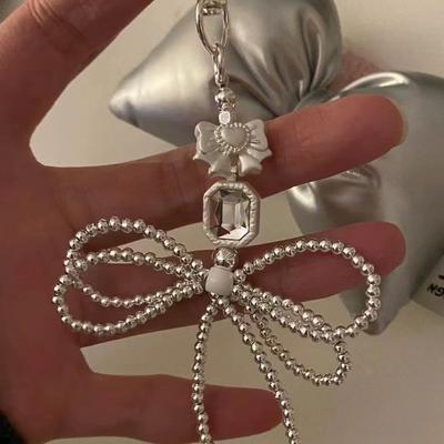 Korean INS Silver Bead Bowknot Phone Pendant Handmade Beaded Bag Charm Car Key Pendant Niche Design