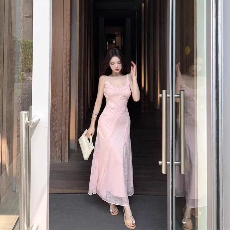 Women's Pink 3D Floral French Design Camisole Dress - Slimming, Waist-Cinching, Summer Vacation Style