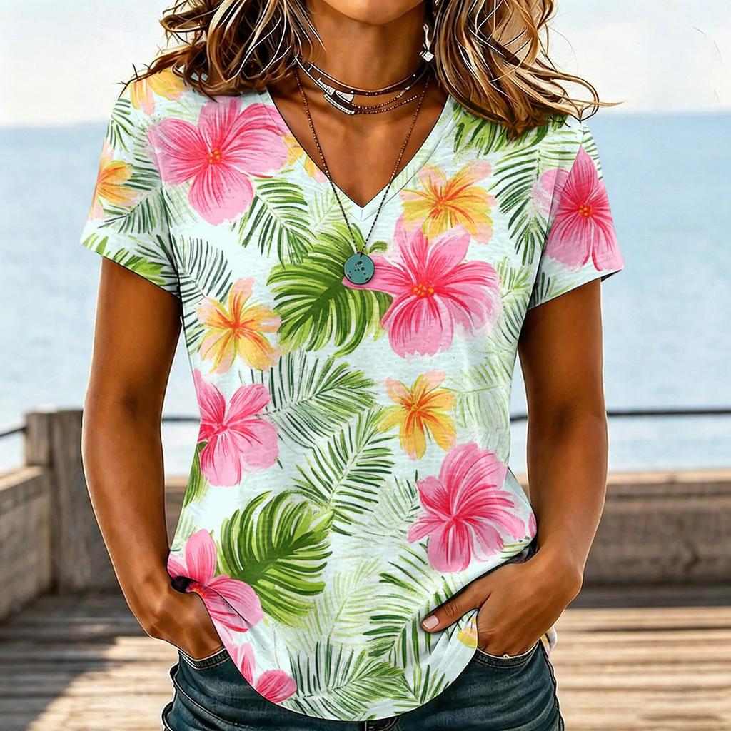 Women's Casual V Neck Short Sleeve Hawaiian Print Top T Shirt Lightweight Summer Blouse Relaxed Fit Soft Fabric