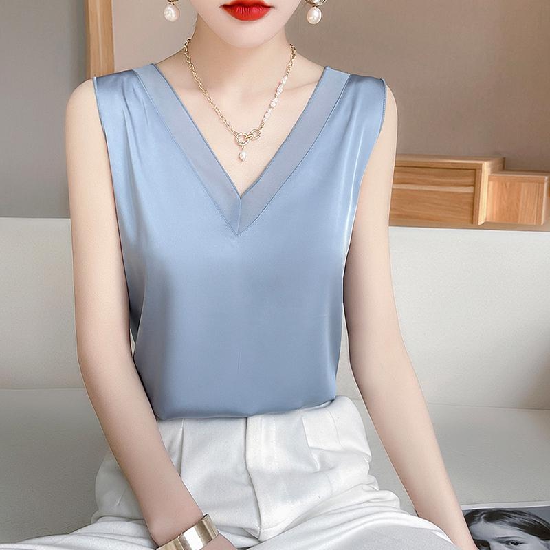 Damen Weißer Satin V-Ausschnitt Weste: 2025 Sommer Ärmelloses Freizeit-Top
