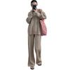 Autumn and winter new European and American women's clothing solid color zipper cardigan knitted wide-leg pants two-piece set for women