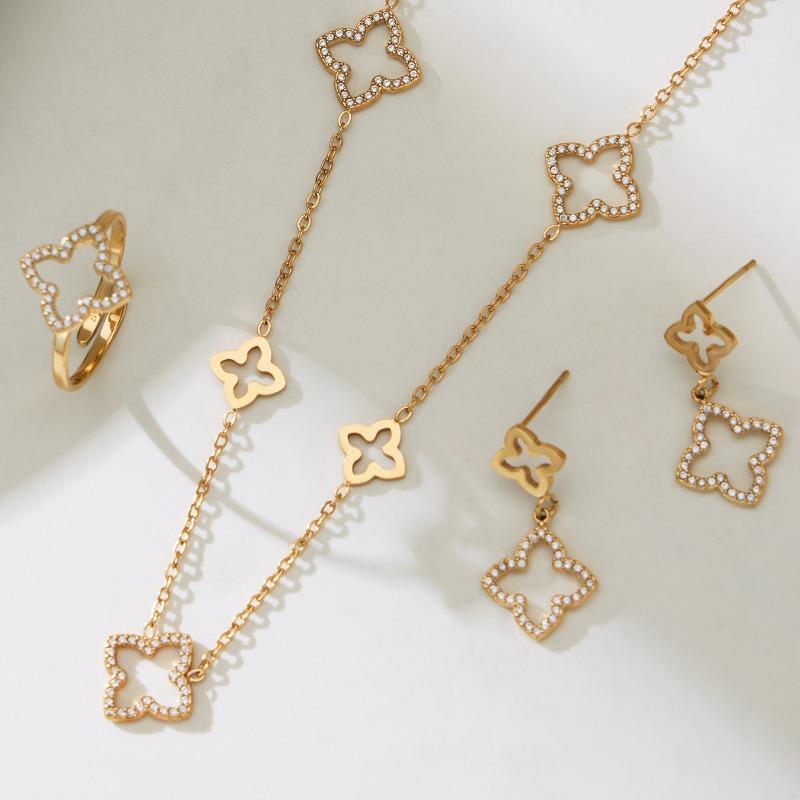 3PCS Stainless Steel Hollow Clover Zircon Earrings Ring Necklace Simple Light Luxury Jewelry Set
