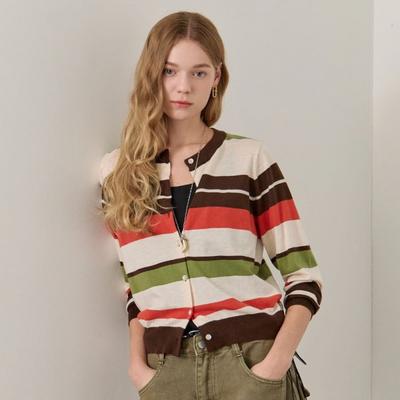 Multi Color Stripe Round Neck Knit Cardigan Ze10qd003na