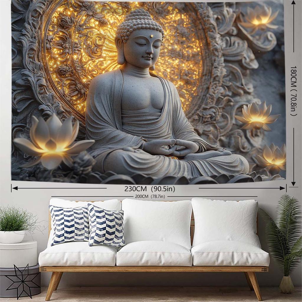 1 unidad de Estatua Gigante de Buda Espiritual y Tapiz de Loto para Colgar en la Pared - Tejido de Poliéster Color Melocotón Beige Claro para Sala de Estar, Dormitorio