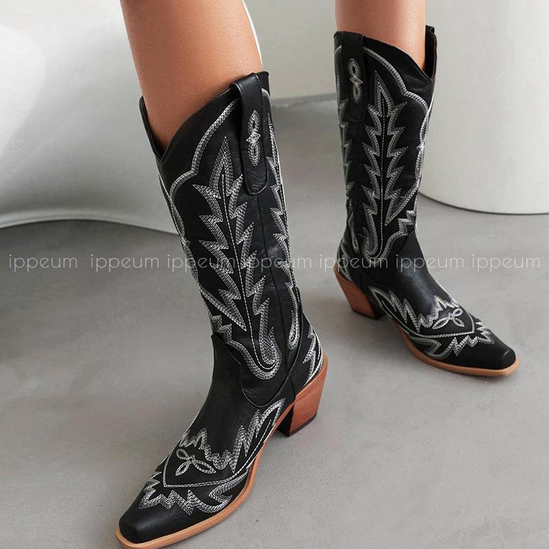 Fashion IPPEUM Red Western Cowboy Boots For Women Embroidered Pointed Toe Shoes Free Shipping Knee High Wide Calf Cowgirl Boots