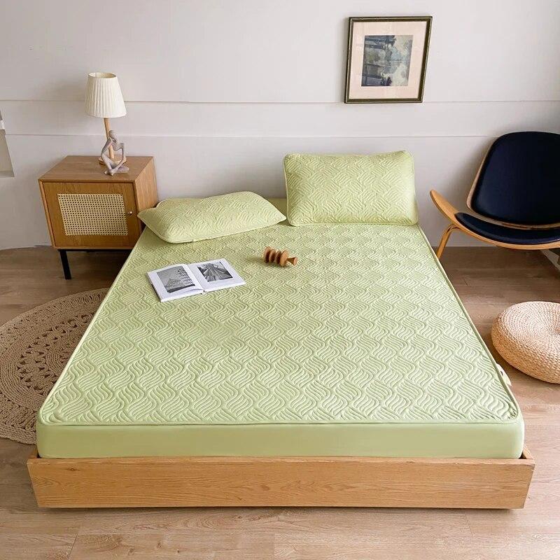 100% Cotton Fitted Sheet Quilted Mattress Cover Green Mattress Protector for Bedroom Hotel Single Double Queen King Bed Cover