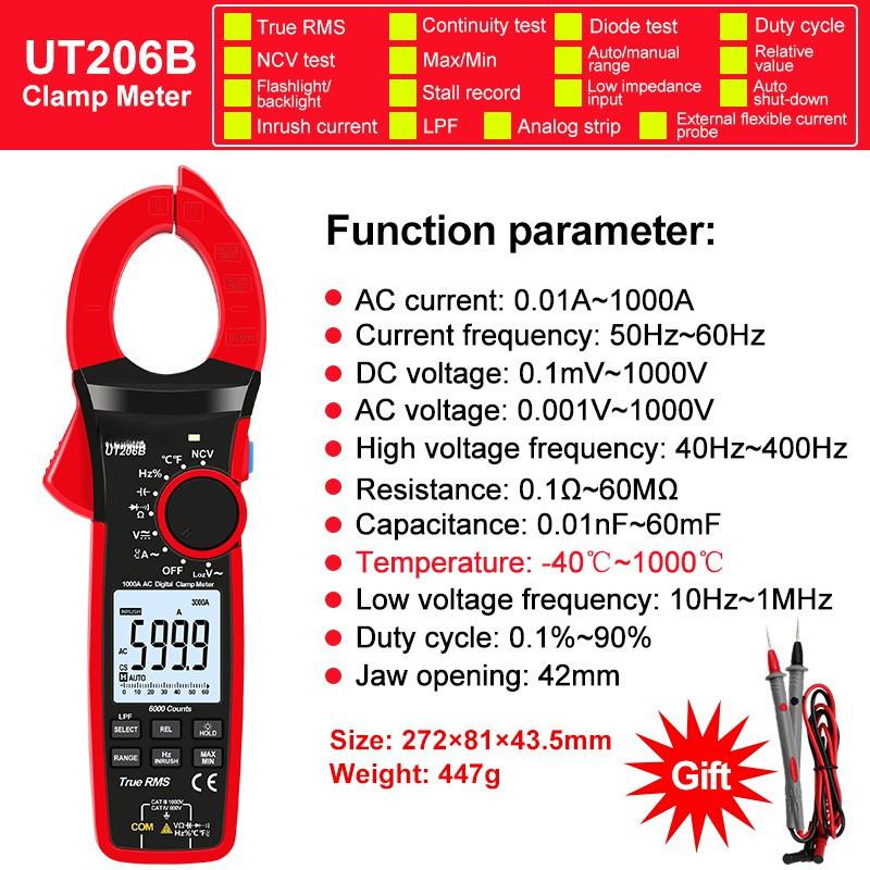AC Current 1000A AC DC Voltage 1000V 6000 Count Inrush Current Diode Continuity Measurement Tool RMS Digital Clamp Meter