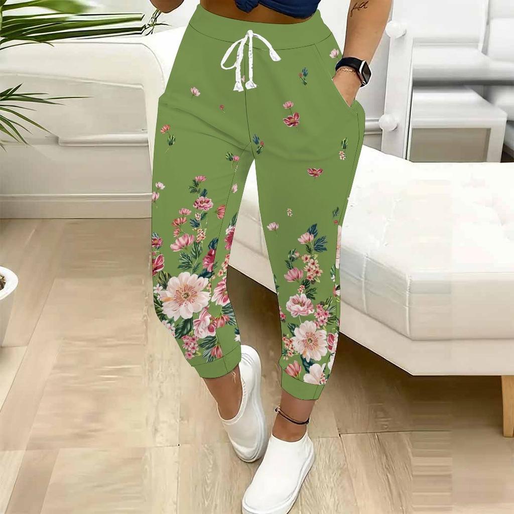 Sommer Damen Blumenmuster Print Schweißhose Lockerer Schnitt Kordelzug Jogginghose Elastischer Bund Tägliche Lässige Hose