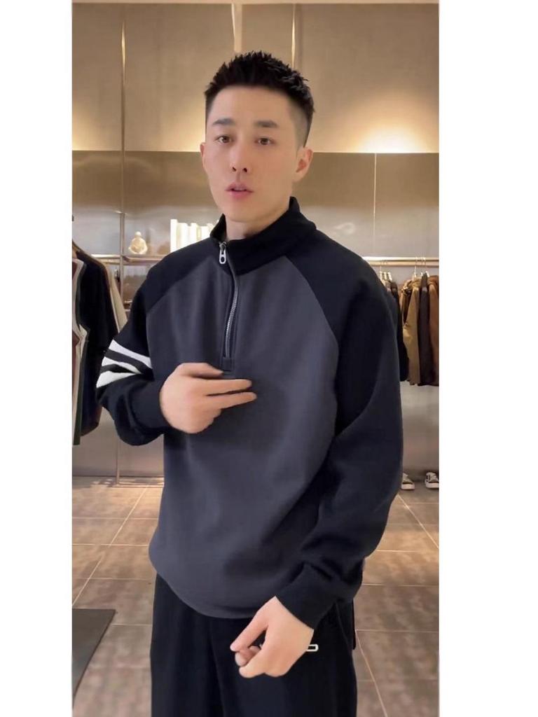 Men's Color Block Half-Zip Stand Collar Raglan Hoodie – Autumn/Winter Collection