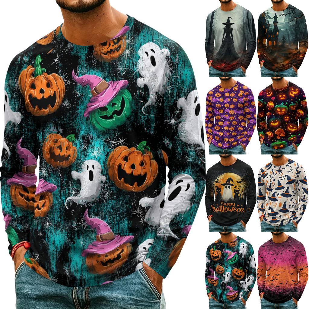 Men's Halloween Printed Long Sleeve T-Shirt, Lightweight Casual Crewneck Top