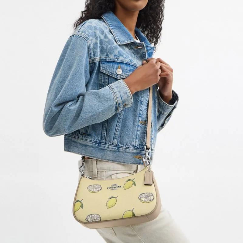 Coach Pale Yellow Lemon Print Canvas Convertible Hobo Shoulder Bag for Daily Use