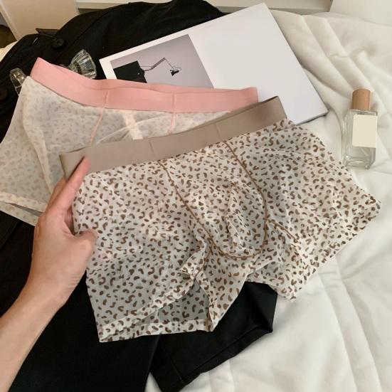 Boxer Underwear Elastic Mid-rise U-Convex Shorts Briefs Leopard Thin Perspective Print Sleeping Underwear Daily Wear
