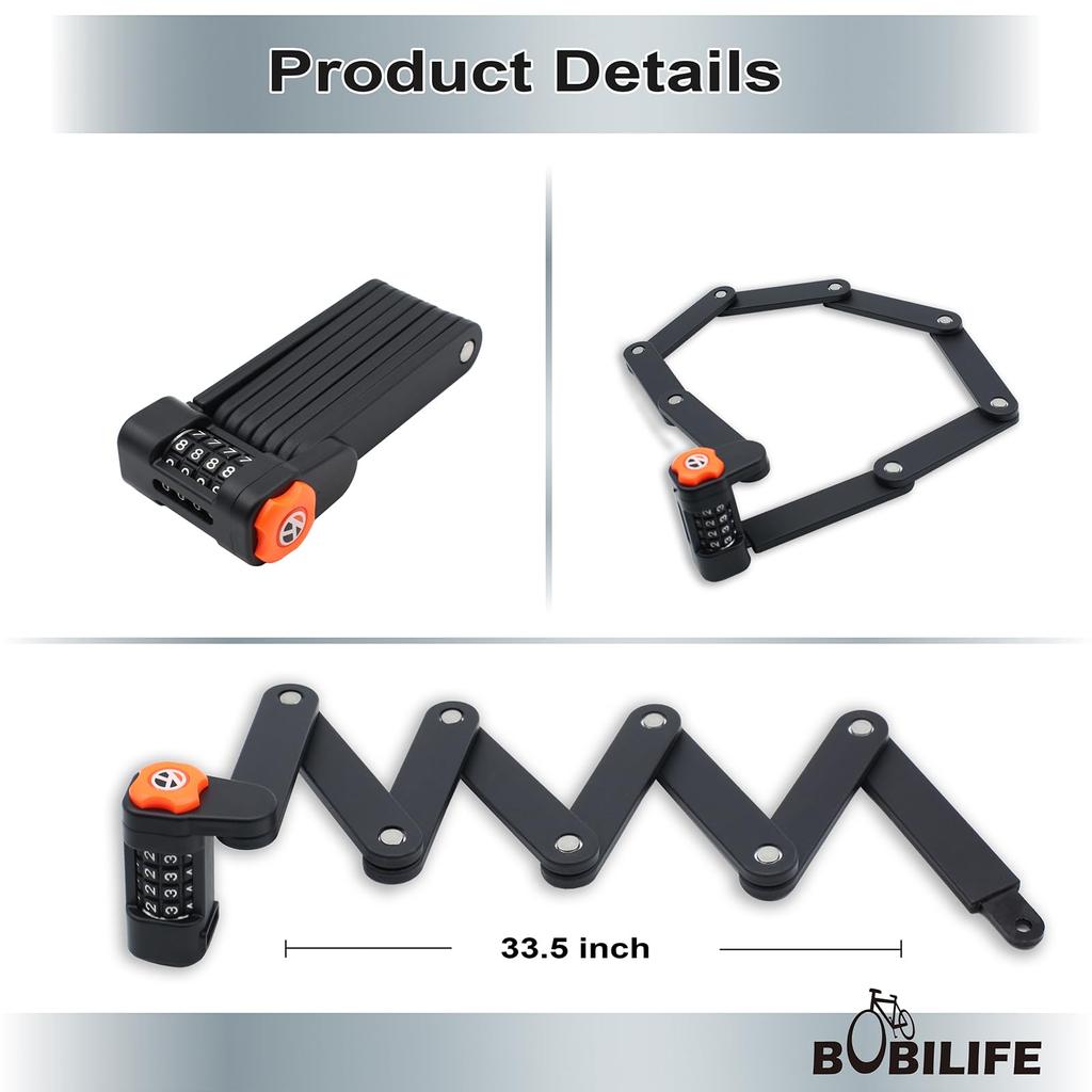 Folding Bike Lock with Mount Bracket 4 Digit Combination Heavy Duty Alloy Steel Bike Lock Waterproof Rust Proof Folding Bike Chain Lock for Bicycle