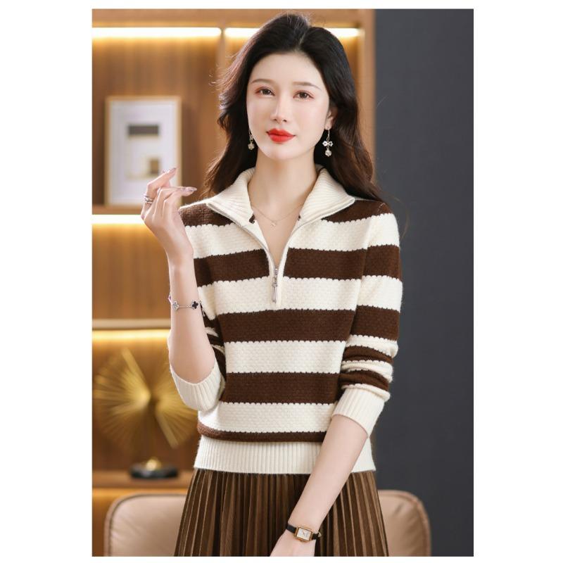 

Женские свитера с полуоткрытыми молниями и лацканами, полосатые водолазки осень-зима, свободные и облегающие трикотажные изделия one size кофейный