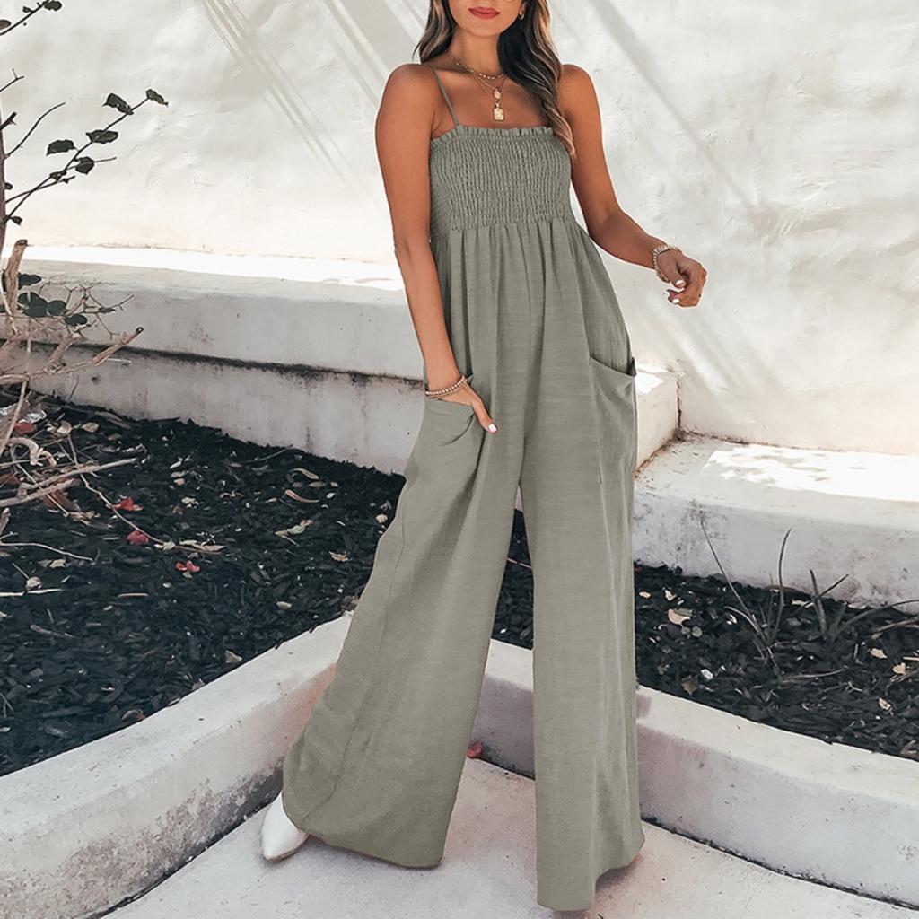 Spring New Women's Jumpsuit, Solid Ruched Bandeau Strapless Casual Commute Jumpsuit for Women, European American Style Outfit