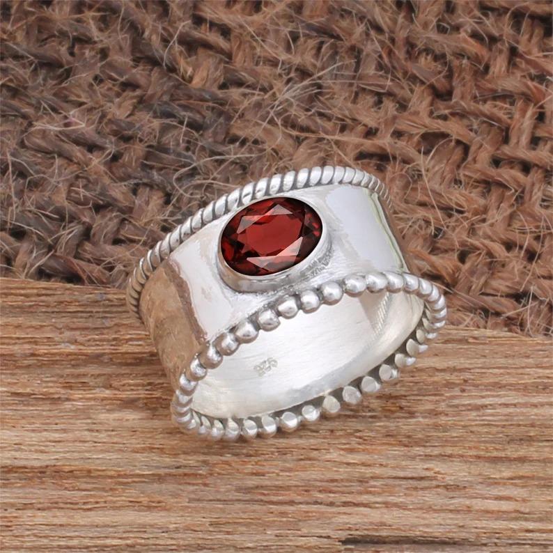 Anillo de Piedra Preciosa Granate Plata de Ley 925 Maciza Anillo Boho Anillo Giratorio Joyería Hecha a Mano Anillo Para Mujer Anillo de Fiesta