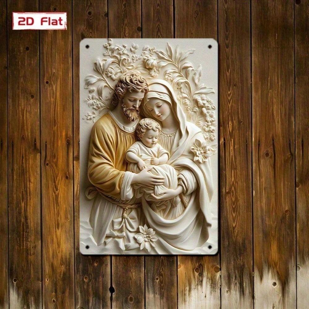 Vintage Metal Wall Art Religious Icon Poster with Flowers Home Decor