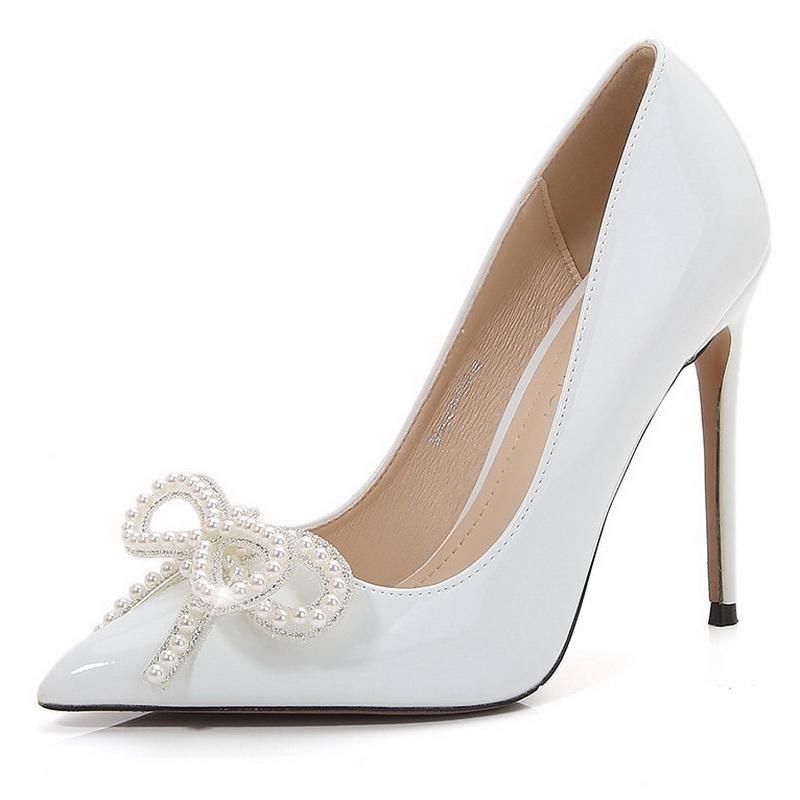 

12cm Heels Women Pumps Rhinestone Bowtie High Thin Heel Shoes for Office Party Pub Wedding Banquet Host Model Catwalk Influencer 35 белый