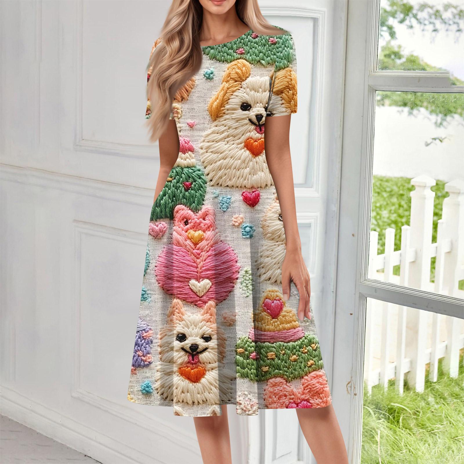 Women Casual Printed Round Neck Short Sleeved Long Dress XL