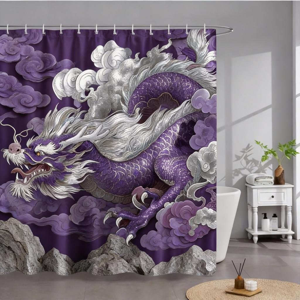Dragon & Phoenix Print Waterproof Shower Curtain for Bathroom, Traditional Oriental Design High-End Toilet Partition Curtain