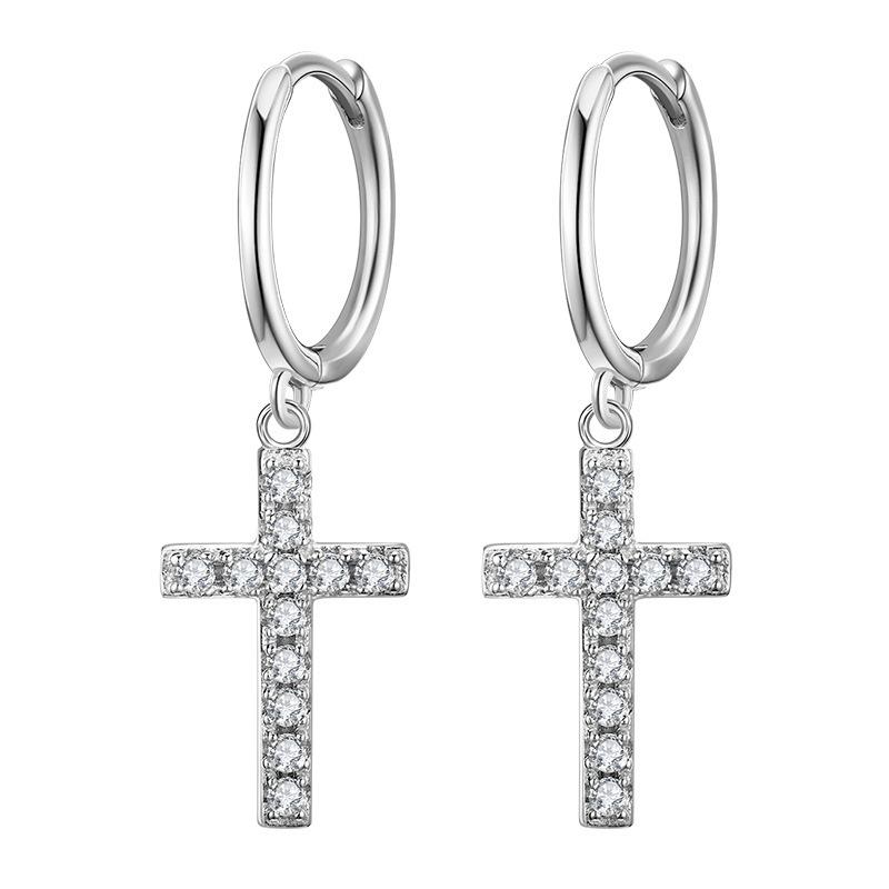 Women 925 Silver Cross Rhinestone Inlaid Hoop Dangle Earrings серебряный