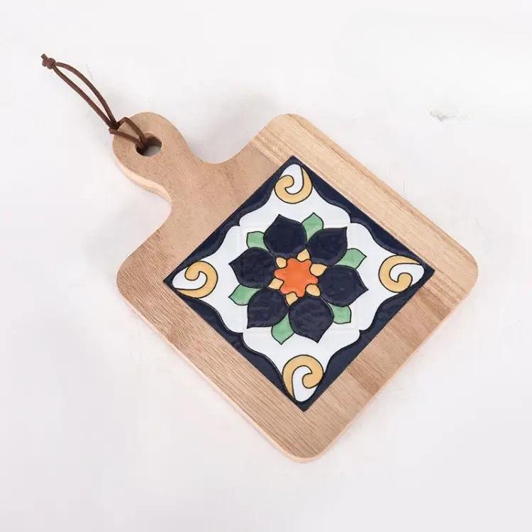 Solid Wood Flower Brick Hand Pot Mat Insulated Cup Mat Retro Dining Mat Decoration for Home Restaurants Kitchen Table Mat Cup