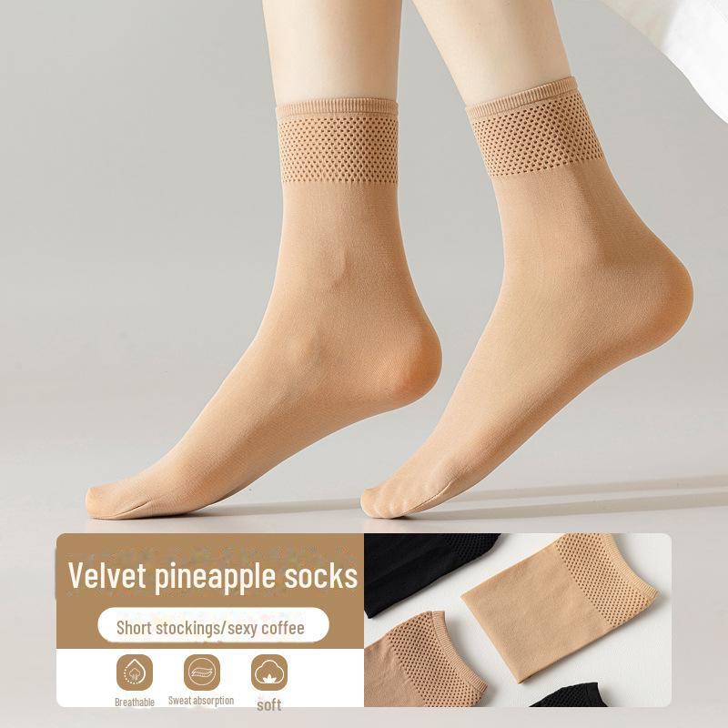 Ultra-Thin Women's Summer Stockings: Flesh and Black Velvet Pineapple, Japanese Style, Sweat-Absorbent, Non-Slip Mid-Tube Socks.