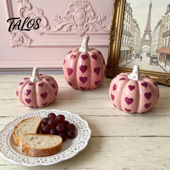 Autumn Harvest Table Decor Pink Ceramic Pumpkin with Heart Pattern, Artificial Figurine, Romantic Gift for Girlfriend Fall Tabletop Ornaments Harvest,
