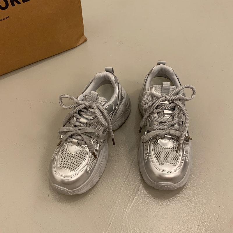 Popular versatile thick-soled dad shoes for women and small people increase in height 2025 new summer breathable mesh casual sports shoes