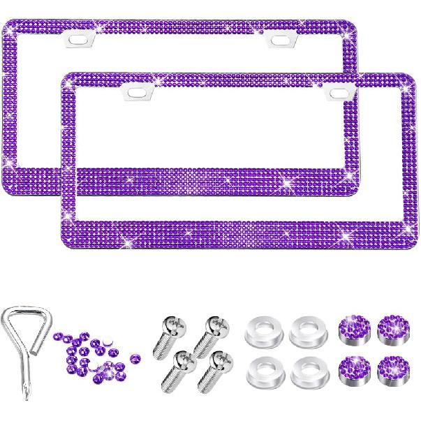 2PCS Bling Car License Plate Frame, Stainless Steel Rhinestone Vehicle License Plate Cover with Screws Caps, Sparkly Automotive Decoration